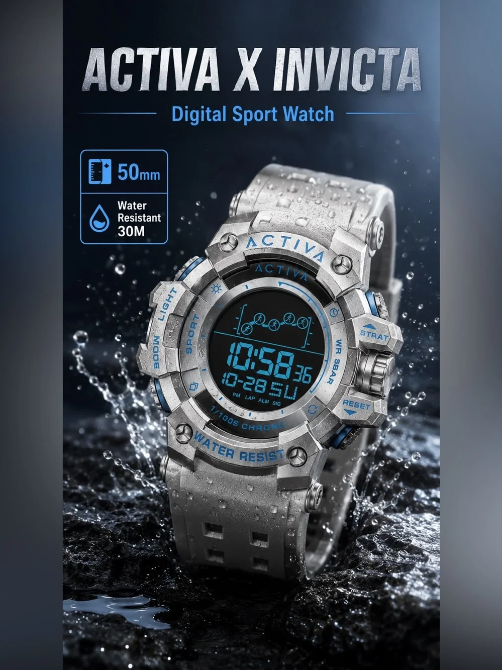 Activa X Invicta ACW8082-025 Unisex 50mm Silver Digital Sport Watch NIB